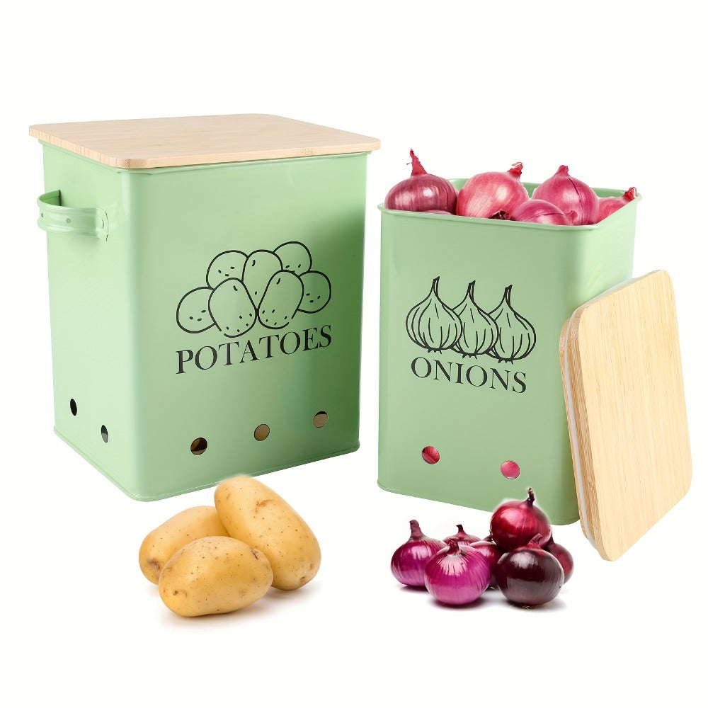 Kitchen Storage Canister Potato Onion Storage Bin Aerating Ventilation Holes Wooden Lid Multipurpose Kitchen Organizer for Onion Potato Fruit Vegetable Black White Grey Green