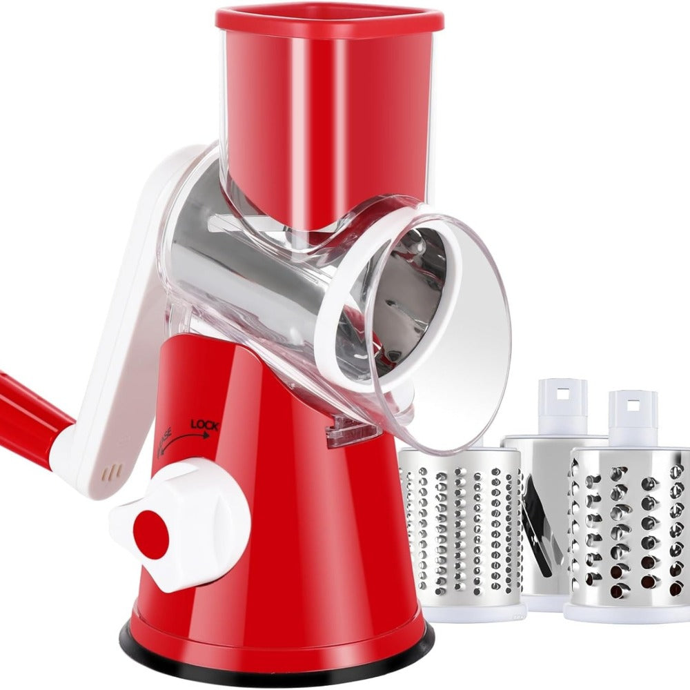 Rotary Cheese Grater ¨C Stainless Steel Hand Crank Shredder with 3 Interchangeable Blades, Non-Slip Suction Base & Cleaning Brush, BPA-Free Vegetable Grater for Cheese, Nuts & Vegetables