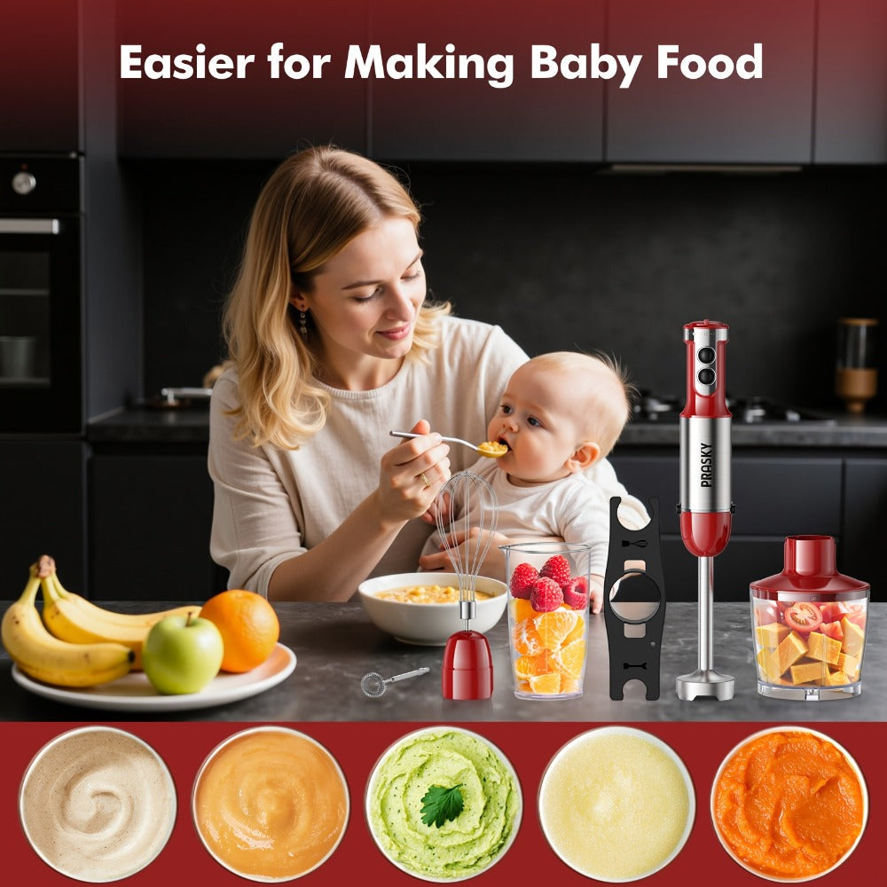 Immersion Blender 5-in-1 Handheld Mixer | Heavy Duty Motor | Whisk Meat Chopper Measuring Cup Attachments | Stick Blender for Soups Smoothies Sauces | Kitchen Hand Blender Red Black