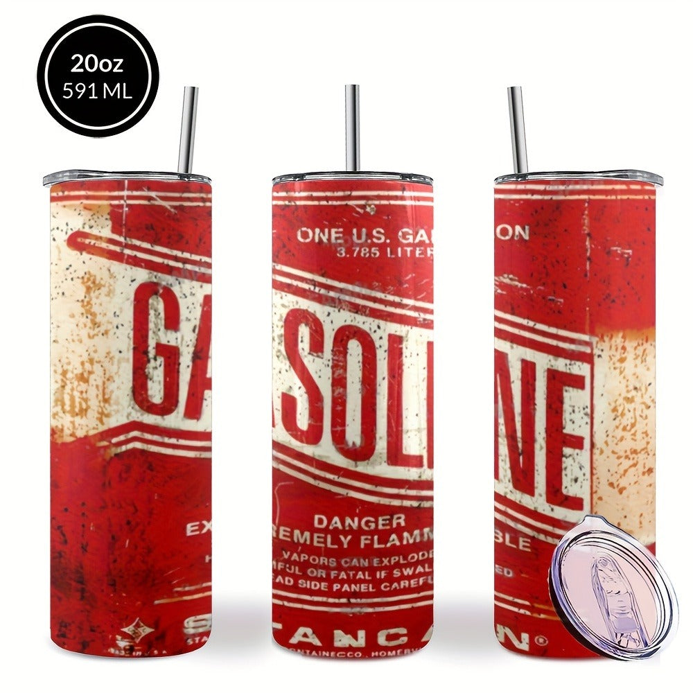 Insulated Tumbler Vintage Gasoline Can Design 20oz - Stainless Steel Travel Mug with Lid & Straw, Double Wall Coffee Cup for Hot Cold Drinks, Camping Drinkware, Unique Gift