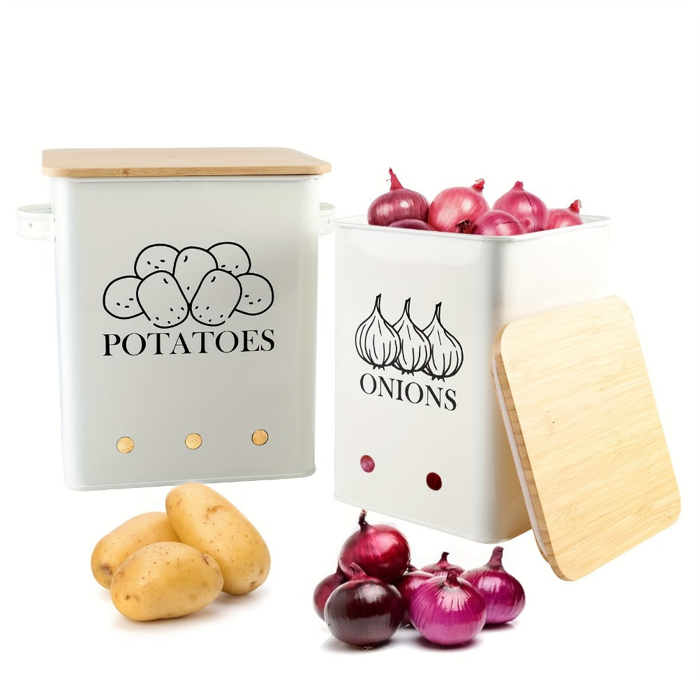 Kitchen Storage Canister Potato Onion Storage Bin Aerating Ventilation Holes Wooden Lid Multipurpose Kitchen Organizer for Onion Potato Fruit Vegetable Black White Grey Green
