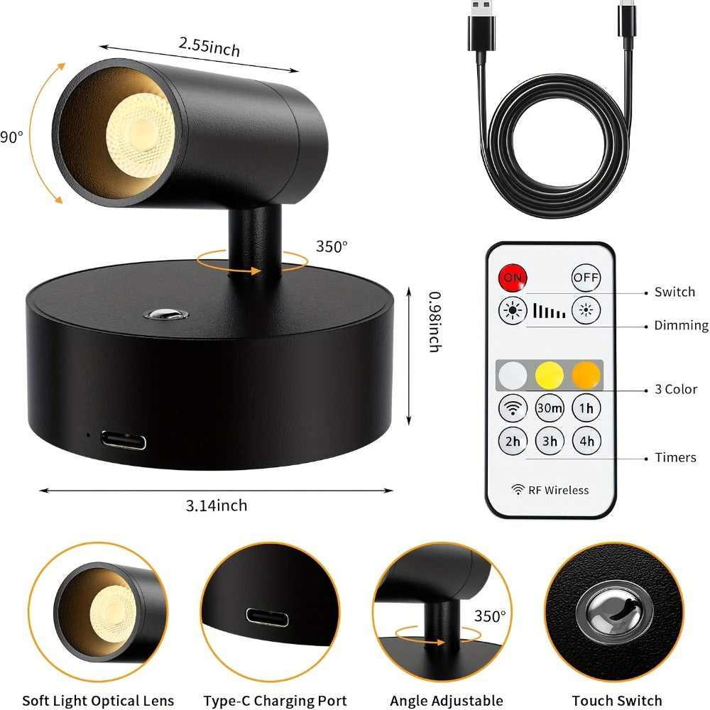 Rechargeable Indoor Spotlight LED ¨C 3-Color Dimmable with Remote & Timer, 350¡ã Adjustable, 2500mAh Battery, Magnetic Base Wall Accent Light for Pictures, Plants & Artwork (White / Black, 1 or 2 Pack)