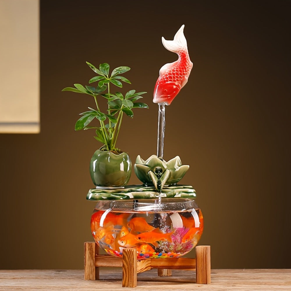USB Desktop Fish Waterfall Fountain with Glass Bowl ¨C Relaxing Indoor Water Feature Tabletop Decor Zen Fountain Gift