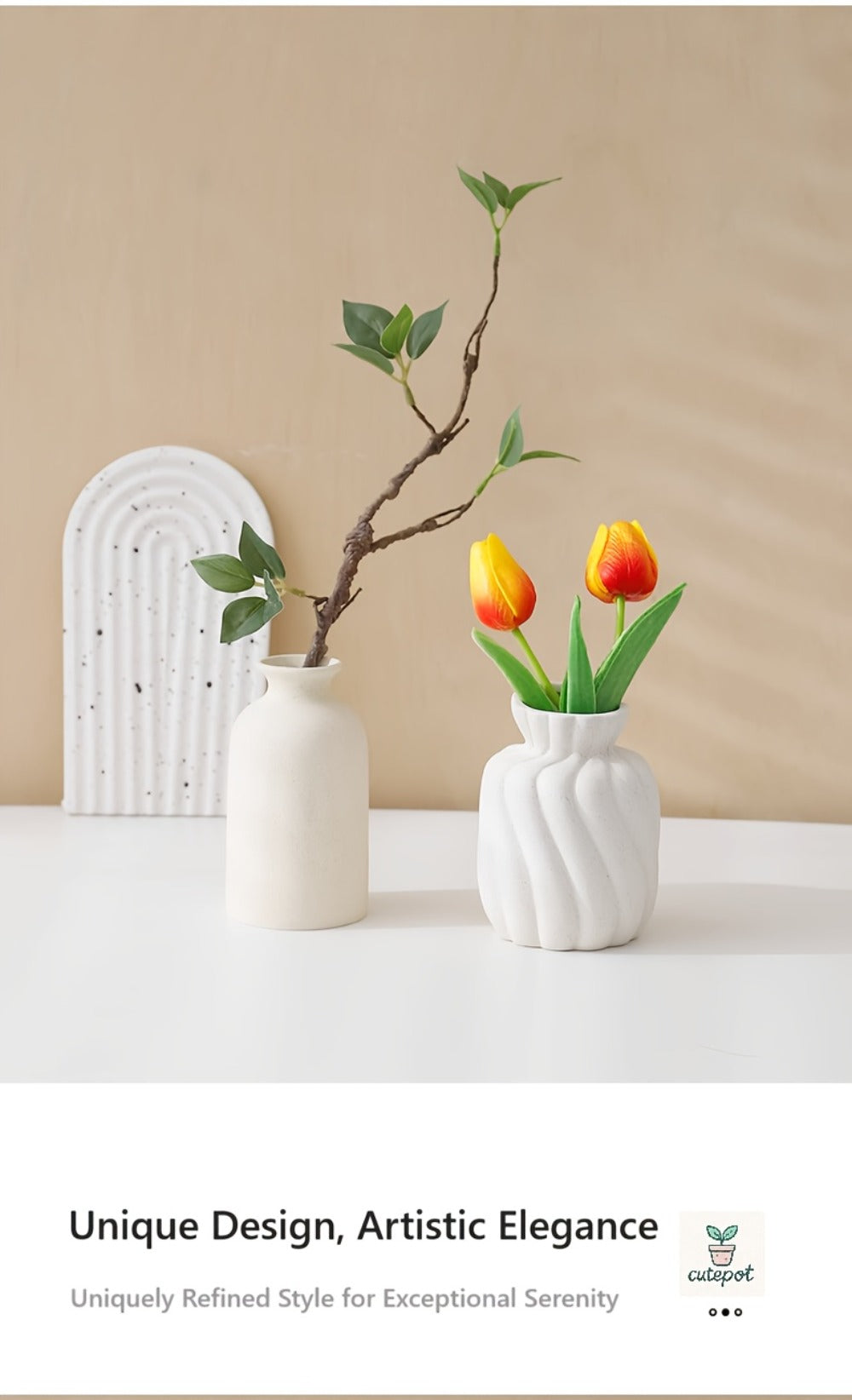 Boho Ceramic Vase Set 3pcs - Matte Nordic Minimalist Geometric Floral Design for Home Decor, Living Room, Entryway, Bookshelf & Bathroom Vanity, Modern Bohemian Decorative Vases, Holiday Gift