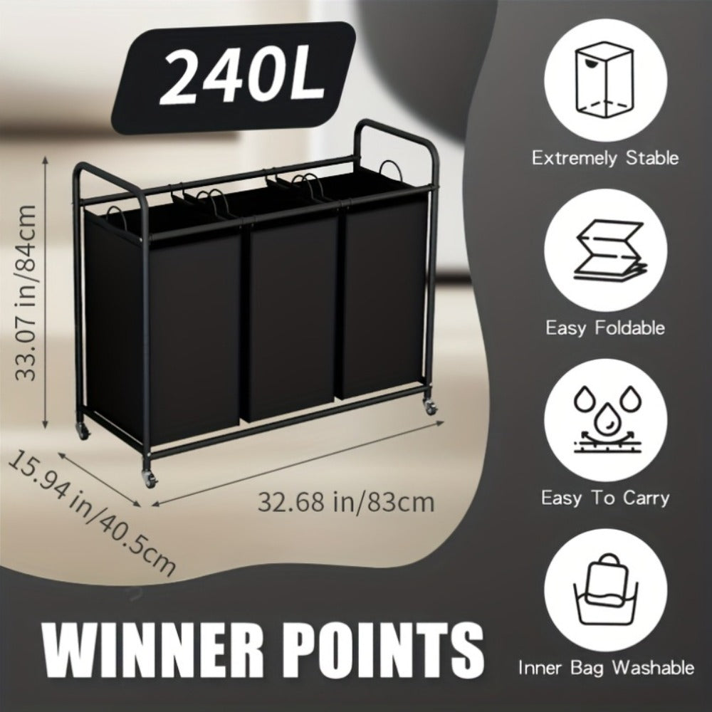 3-Bag Laundry Sorter Cart 63.4 Gallon ¨C Rolling Hamper with Lockable Wheels & Removable Bags, Heavy-Duty Fabric Laundry Basket for Bedroom & Laundry Room, Black Gray Beige Brown