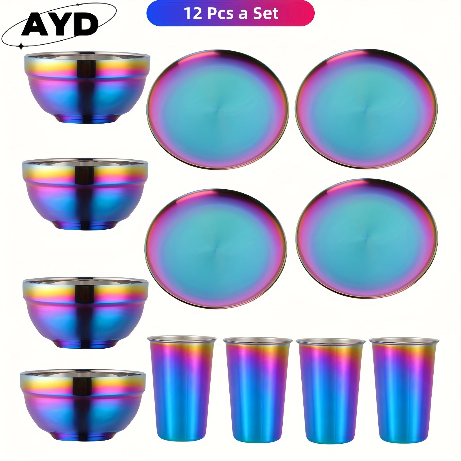 Camping Tableware Set Stainless Steel Rainbow Plates Bowls Cups with Forks Spoons Knives Lightweight Outdoor Dinnerware Kit for Family Picnic Backpacking Hiking