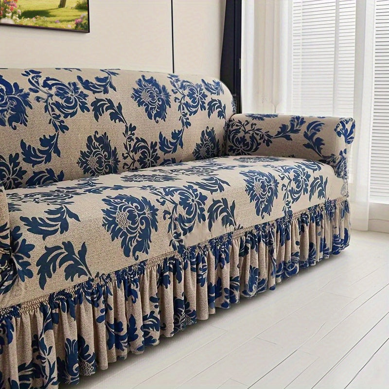 Stretch Sofa Cover Slipcover High-Stretch Fabric Ruffle Skirt Non-Slip Rod All-Season Snug Fit for 1 2 3 4 Seater Couch ¡ª Dark Blue with Pillow Cover