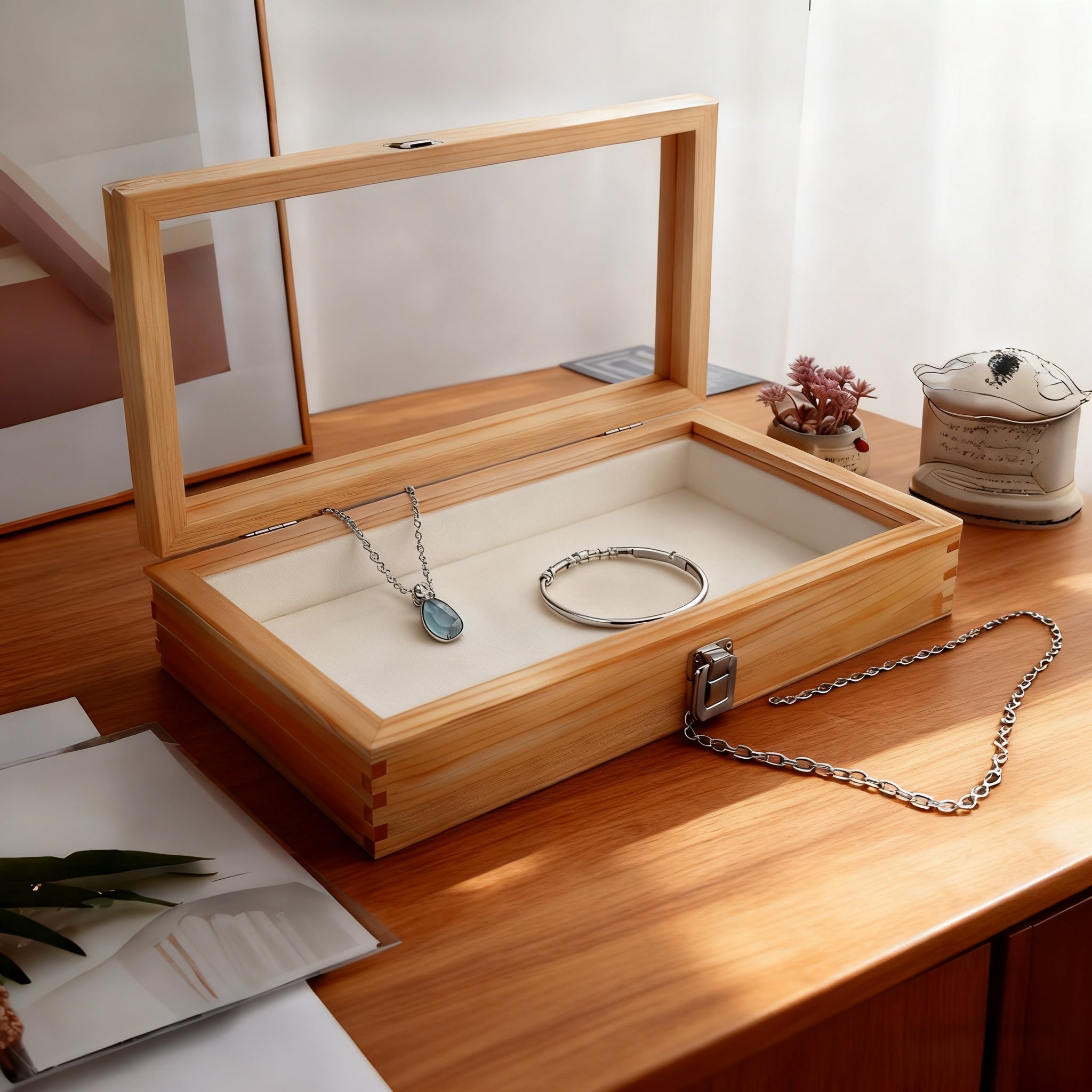 Lockable Wooden Display Storage Box with Acrylic Window ¨C Jewelry & Collectibles Organizer Drawer Box, Elegant Wood Finish, Clear Viewing Panel, Gift Box