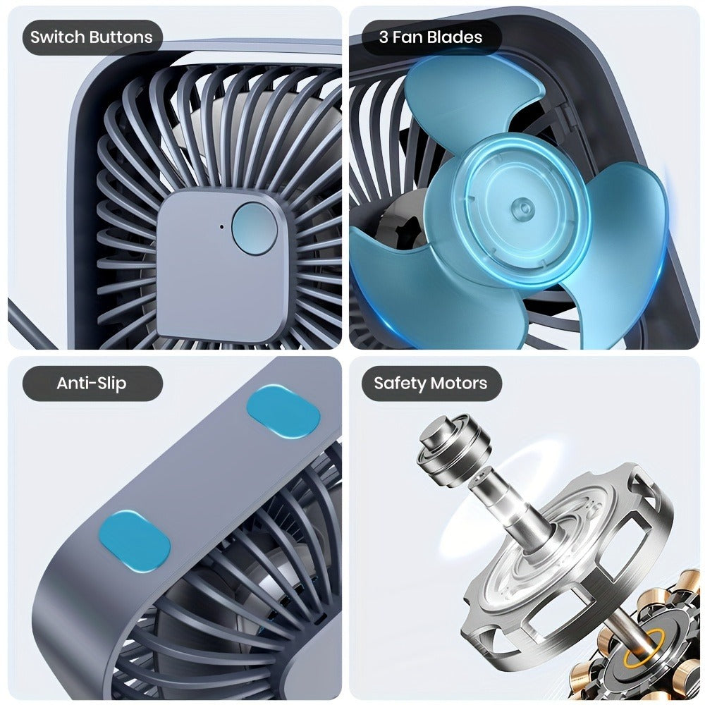 USB Desk Fan Portable, Small Personal Fan 3 Speed Settings 360¡ã Rotation Silent Operation, Compact Lightweight USB Powered Cooling Fan for Home Office Dorm Bedroom Travel, Grey Blue Pink White