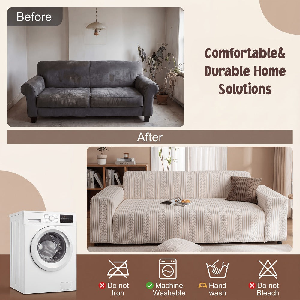 Couch Cover Full Coverage Elastic Velvet Jacquard Sofa Slipcover with Pillowcase - Non-Slip Thick Soft Pet Friendly Machine Washable Fits 1 2 3 4 Seater Living Room Bedroom