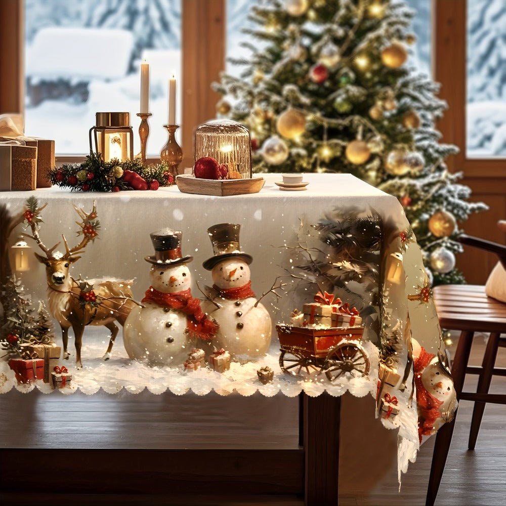 Christmas Tablecloth Vintage Snowman Reindeer Christmas Tree Red Holiday Table Cover for Rectangular Round Oval Tables Durable Polyester Fabric Party Home Restaurant Decorations