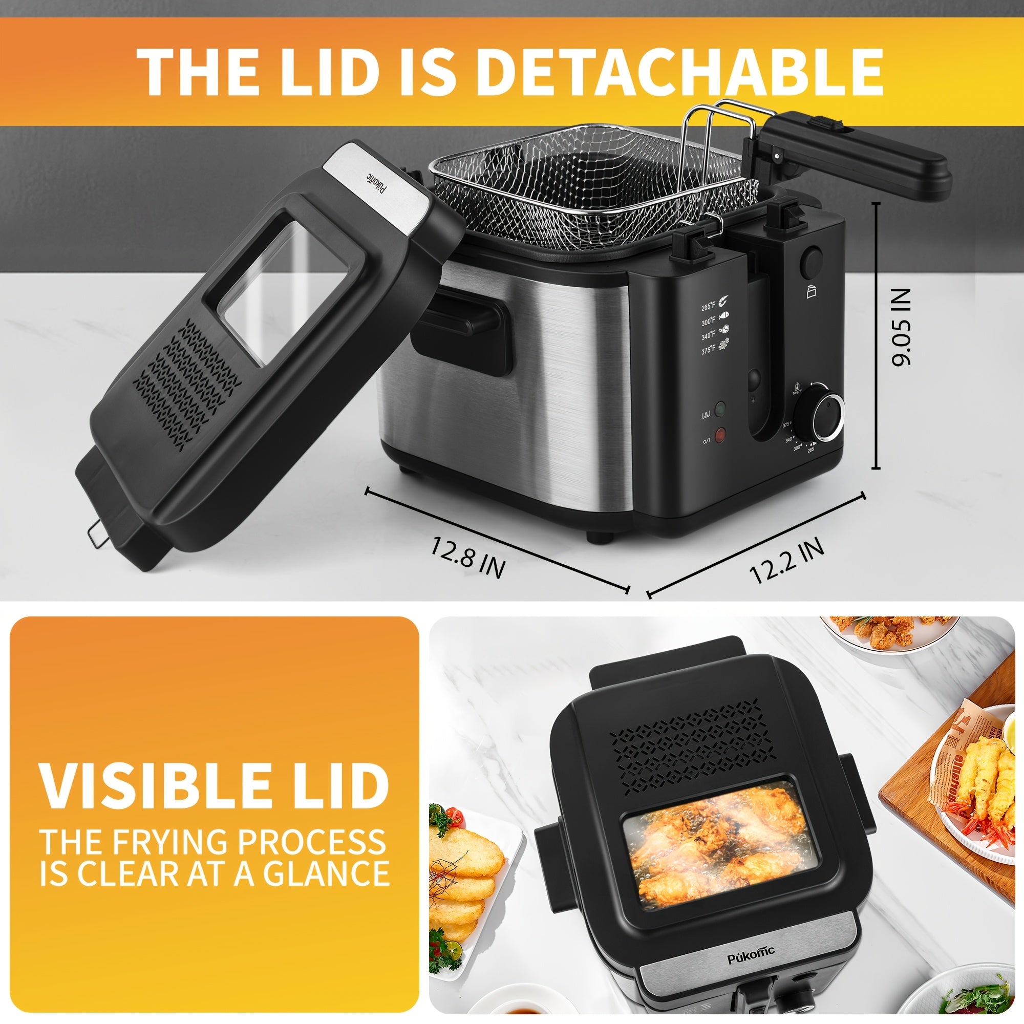 Electric Deep Fryer Stainless Steel Basket 1.5L to 6L ¨C Adjustable Temperature Foldable Handle Transparent Window Anti-Splash Lid | Dishwasher Safe Easy Clean | Home Family Dinner Party Kitchen