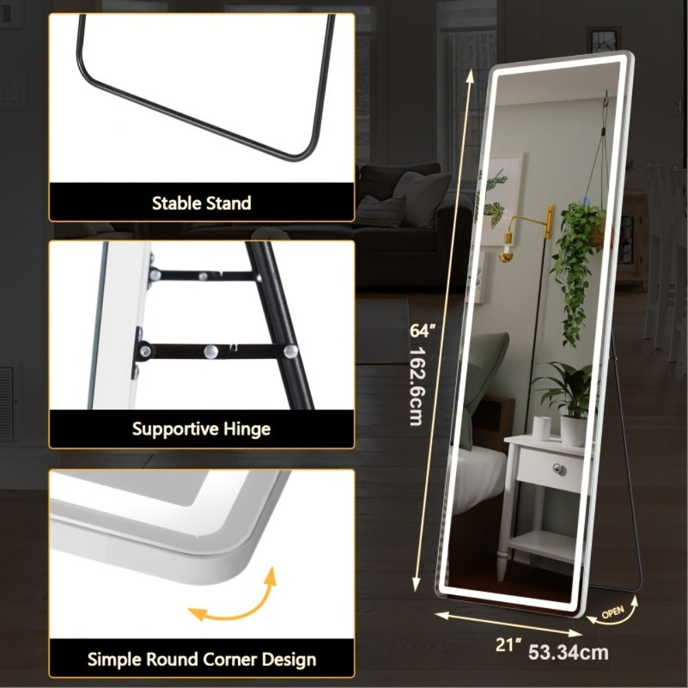 Full Length Mirror with LED Lights & Touch Sensor ¨C 64¡±x21¡± Dimmable Smart Floor Mirror, Wall Mount or Freestanding, Slim Modern Frame for Bedroom, Vanity & Dressing Room