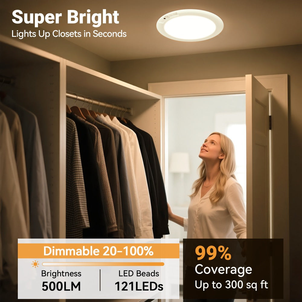 Rechargeable LED Ceiling Light with Motion Sensor ¨C Remote Control Dimmable, 3 Color Temps 3000K/4500K/6500K, 10 Brightness Levels, Battery Operated Closet Light for Bathroom Hallway Pantry Porch