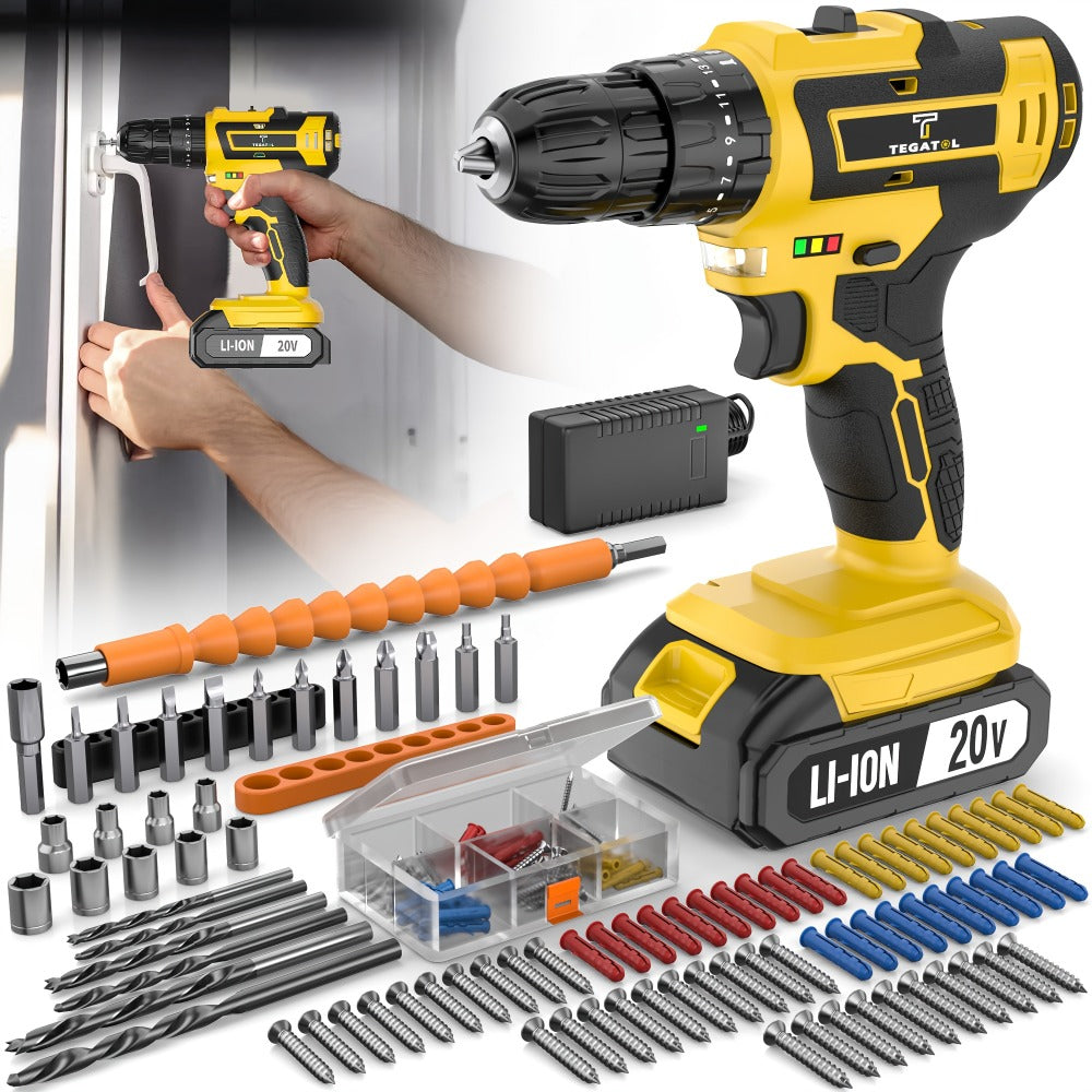 Cordless Drill Set 20V - Tegatok Impact Drill Kit with 45Nm Torque, 23-Speed Settings, LED Light, 2.0Ah Battery & Fast Charger, 58/136/145pcs Accessories for Home Renovation, Woodworking & Metal Drilling