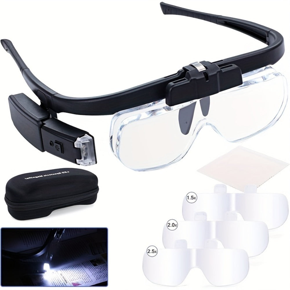 Headband Magnifier with LED Light Hands Free Illuminated Head Magnifying Glass Up to 4.5X Dual Lens Slots for Reading Jewelry Making Watch Repair Soldering Close Up Work