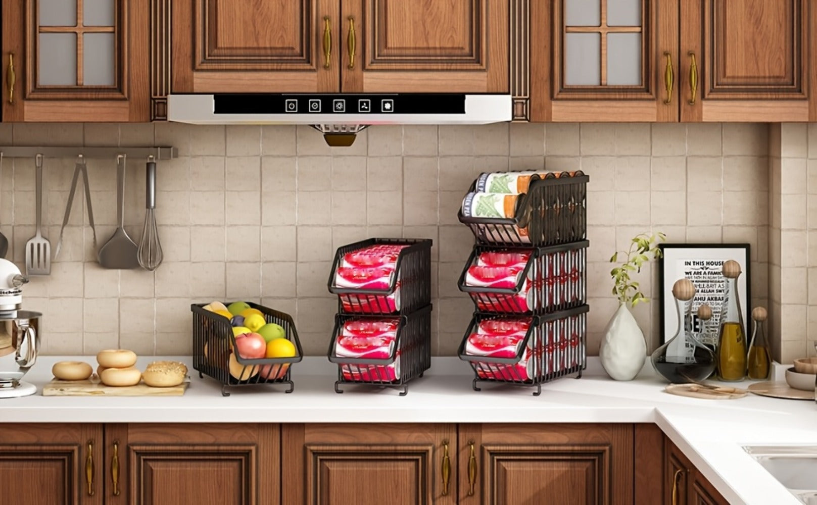 Stackable Can Organizer for Refrigerator 6-Pack | Metal Soda Can Holder Dispenser Storage Rack for Kitchen Pantry Cabinet Countertop, Black