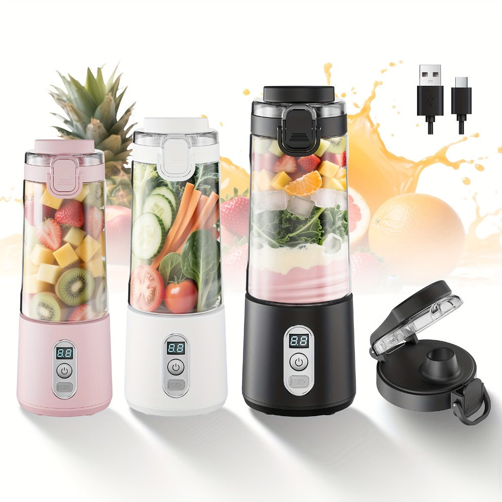 Portable Smoothie Blender USB-C Fast Charge 6-Blade Stainless Steel ¨C Digital Timer Battery Display High-Speed Ice Crush No-Spill Lid | Protein Shake Gym Travel Blender in Black Pink White
