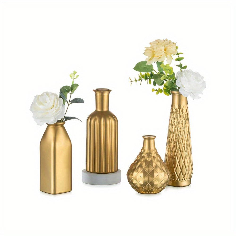 Golden Glass Vase Art Deco Cylindrical Flower Vase, Gold Electroplated Finish, Holds Water, Table Centerpiece for Living Room, Kitchen, Bedroom, Bathroom, Holiday Decor