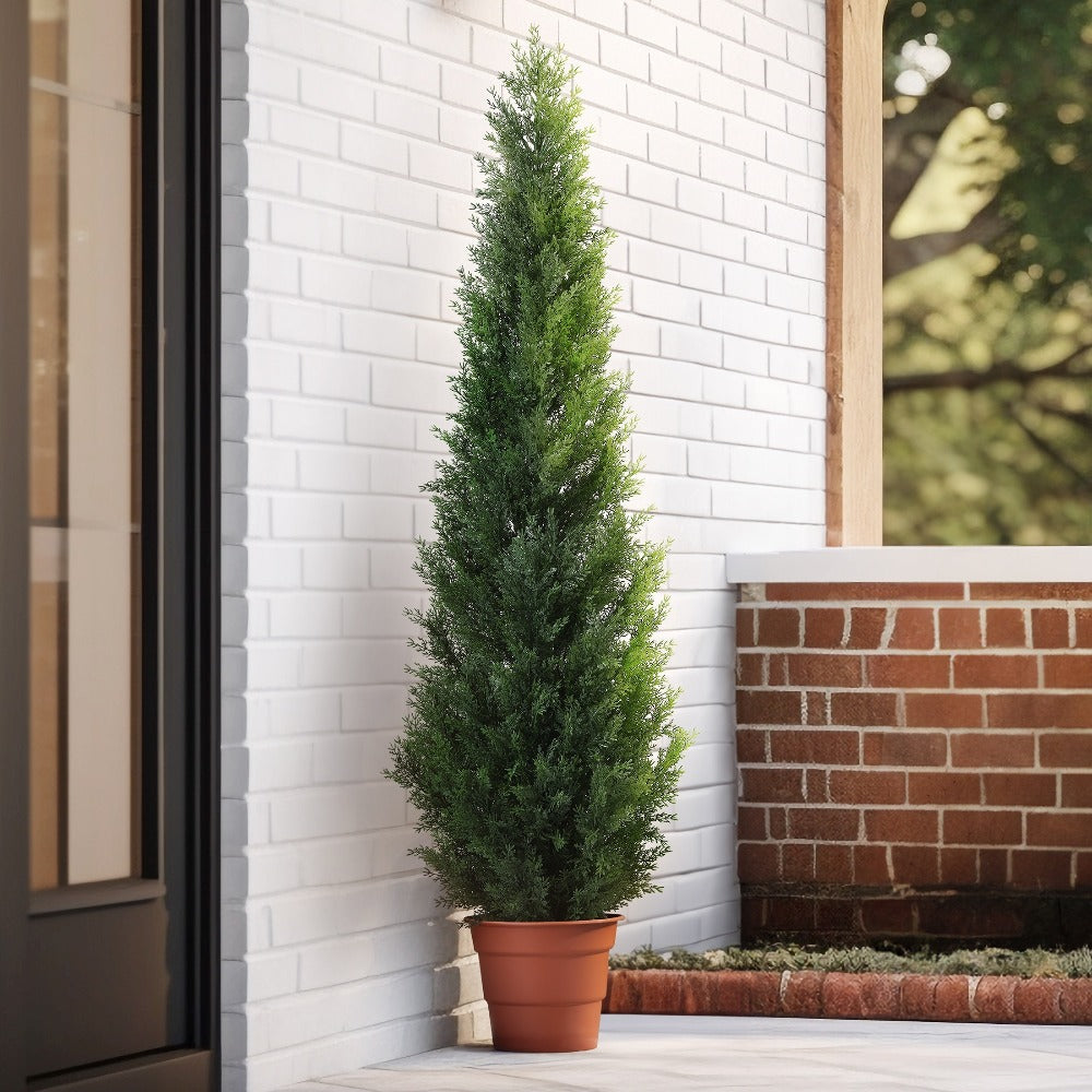 Artificial Topiary Cedar Tree Outdoor Indoor UV Resistant Fake Potted Plant Faux Pine Shrub Front Porch Patio Home Office Decor 3ft 4ft 5ft 1pc 2pcs
