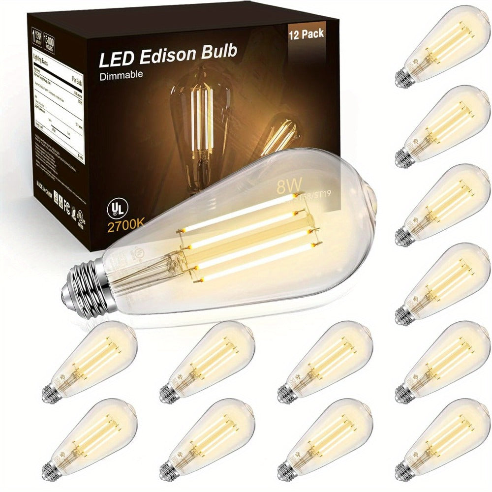Edison Bulbs LED Vintage, 8W 60W Equivalent Dimmable E26 Base, 800 Lumens 2700K Warm White, 80+ CRI Antique Filament Style LED Edison Light Bulbs for Home Bedroom Office Cottage Living Room, 12 Pack