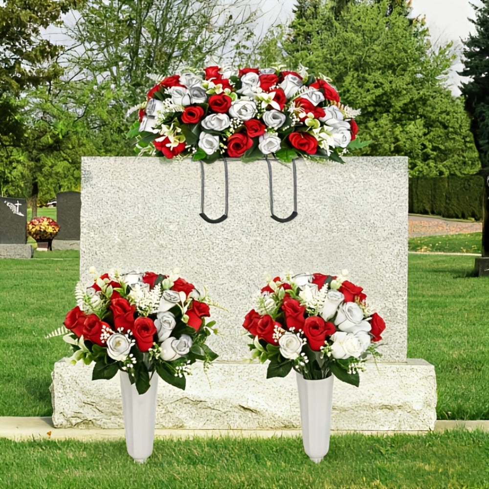 Artificial Cemetery Flowers for Grave with Saddle, Silk Rose Bouquet Headstone Decoration, Memorial Day Grave Flowers, Outdoor Grave Marker Floral Arrangement, 1/2/3 PCS