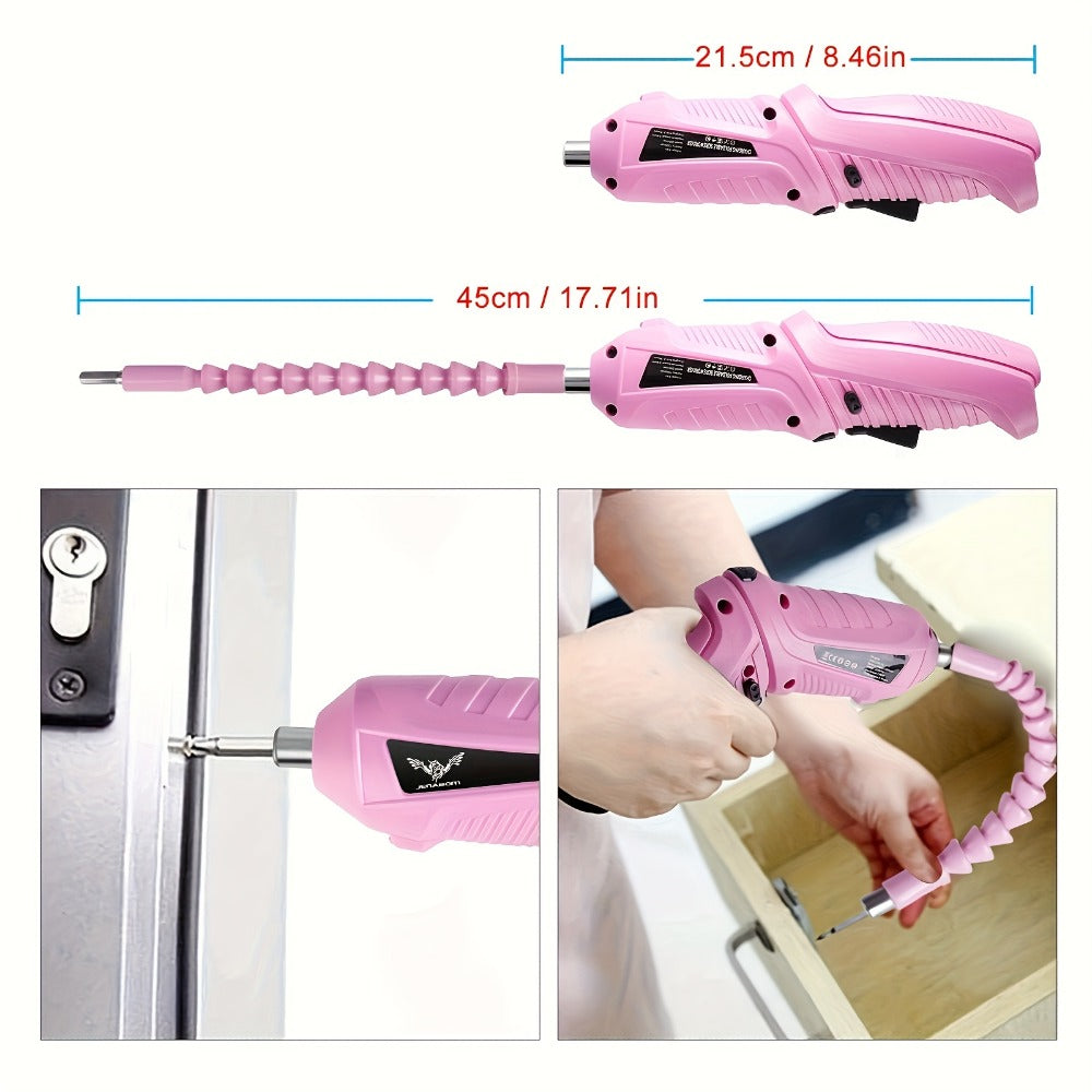 Pink Electric Screwdriver Set 47pcs 3.6V Cordless Drill Screwdriver Rechargeable 3.5Nm Torque with Front LED Light for Small Home Projects DIY Repair