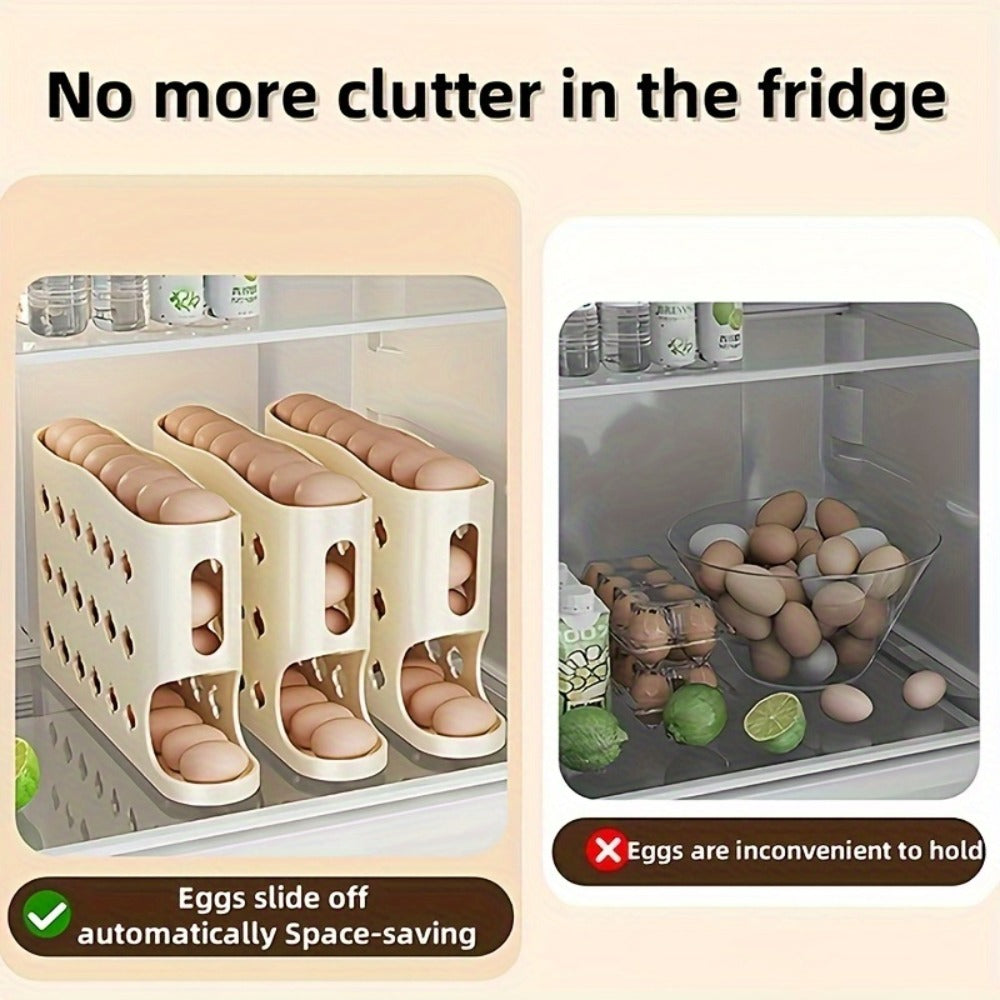 Egg Dispenser for Refrigerator, 4-Tier Automatic Rolling Egg Holder Rack ¨C Space-Saving Egg Storage Organizer for Fridge, Kitchen Cabinet, Countertop and Table