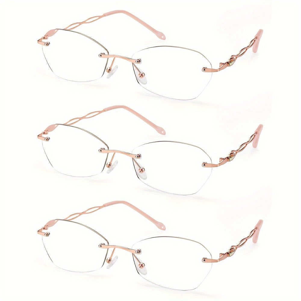 Rimless Reading Glasses for Women 3 Pack - Blue Light Blocking Lightweight Metal Frameless Readers with Anti Eyestrain Lenses, Multiple Colors and Magnifications 1.0X to 4.0X