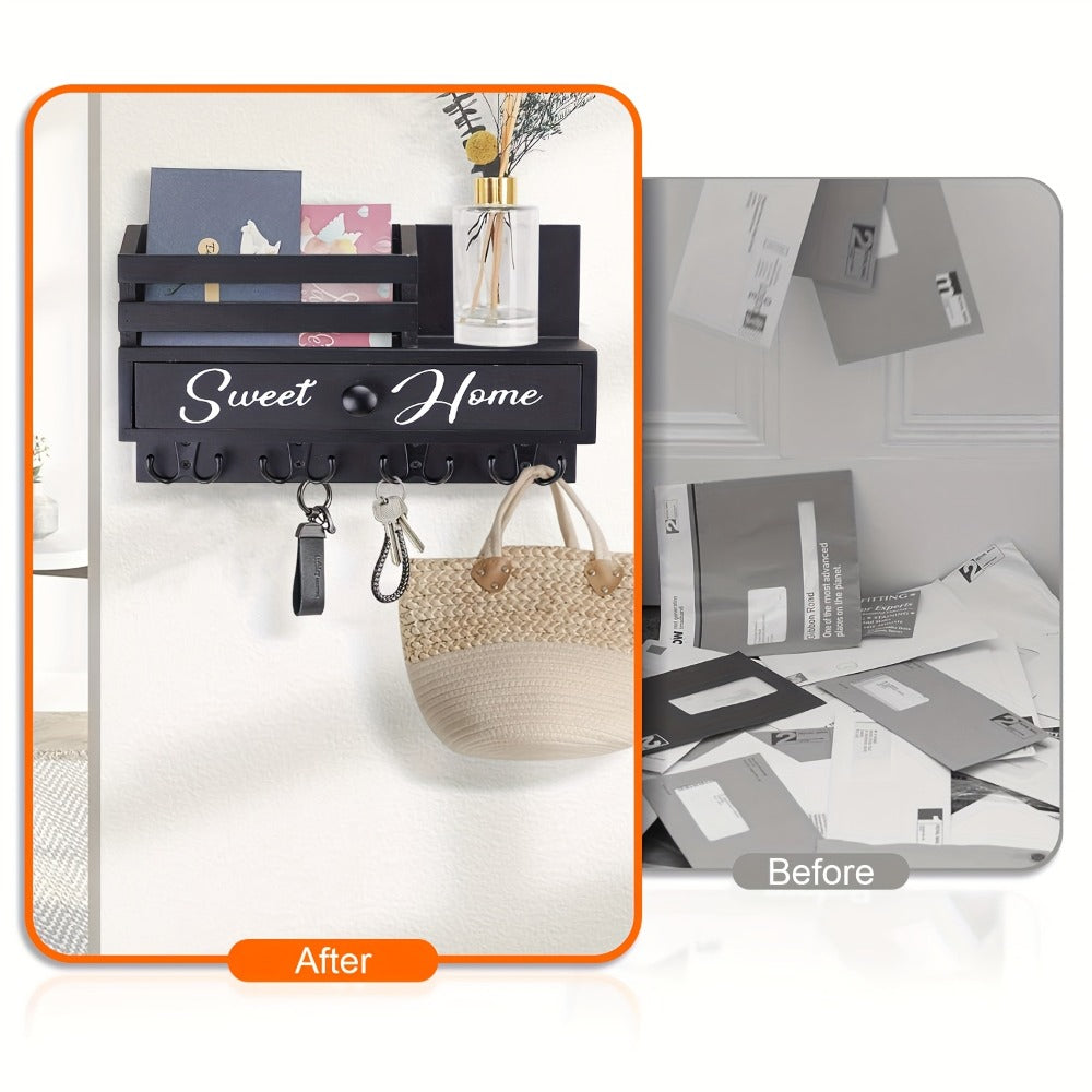 Key Holder for Wall with Drawer 8 Hooks ¨C Rustic Wood Wall Mounted Key & Mail Organizer for Entryway, Kitchen, Mudroom, Office, Adhesive & Paintable Hooks, Space Saving Entryway Decor Storage