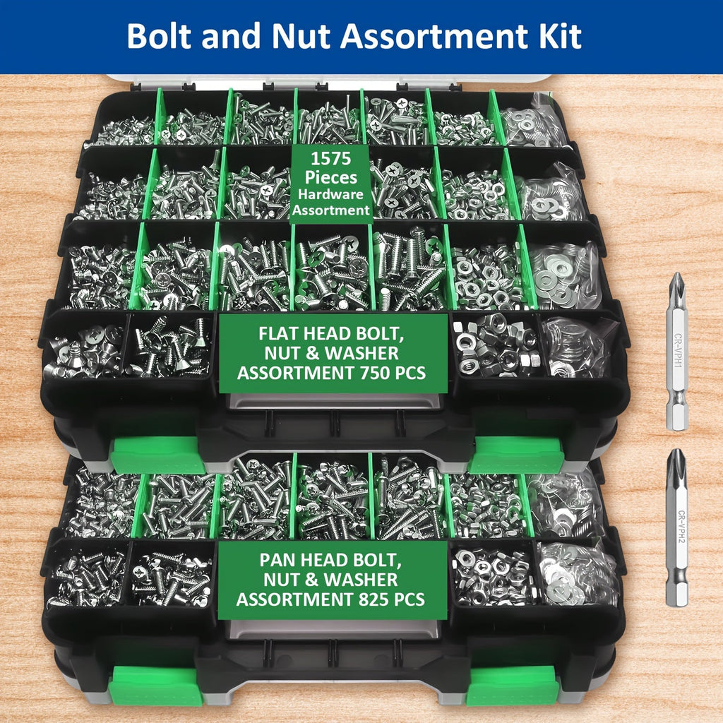 1575pcs 304 Stainless Steel Nuts and Bolts Assortment Kit ¨C Pan Head Flat Head Screws Nuts Washers with Double-Sided Storage Box for Home & Mechanical Repairs