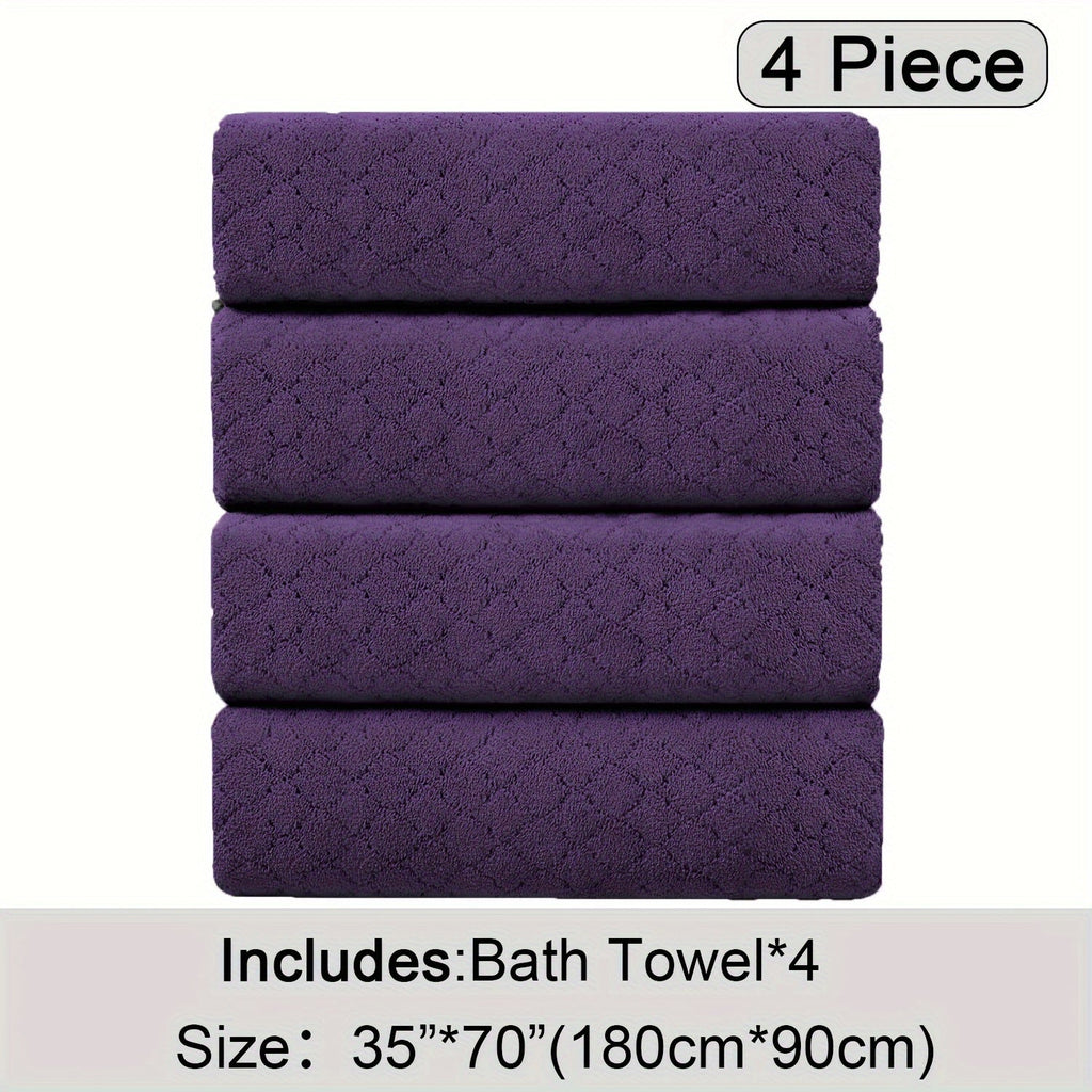 Oversized Bath Towel Set 4 Piece Diamond Pattern Microfiber - Ultra Soft Highly Absorbent Quick Dry | 10 Colors | Blue Green Black Gray Navy Orchid Brown Purple White Turquoise | Bathroom Hotel Gym Gift