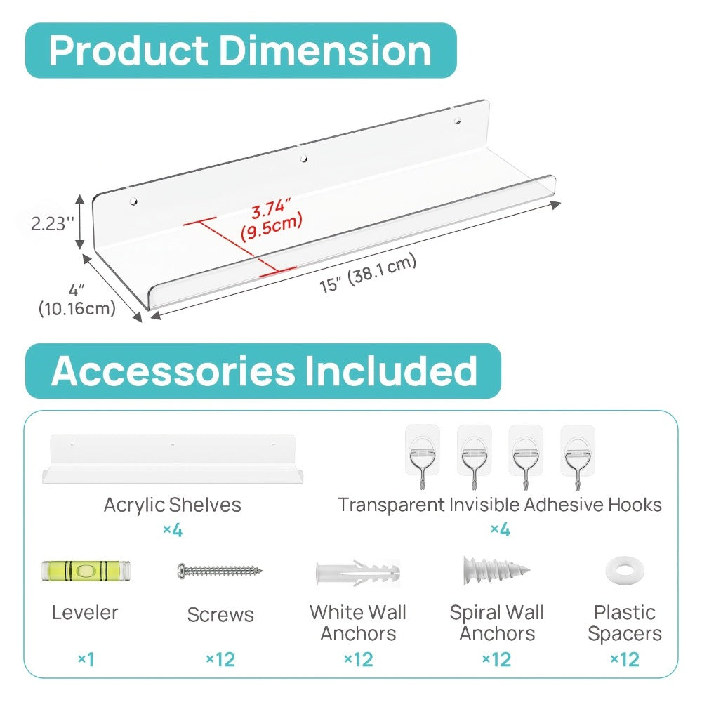 Acrylic Floating Shelves for Wall 4-Pack with 4 Hooks | Clear Wall Mounted Display Shelf Organizer | Bathroom Bedroom Living Room Kitchen Decor | Invisible Floating Wall Shelf Storage Set