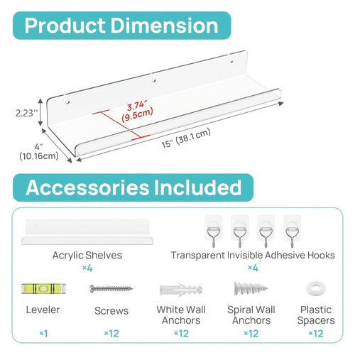 Acrylic Floating Shelves for Wall 4-Pack with 4 Hooks | Clear Wall Mounted Display Shelf Organizer | Bathroom Bedroom Living Room Kitchen Decor | Invisible Floating Wall Shelf Storage Set