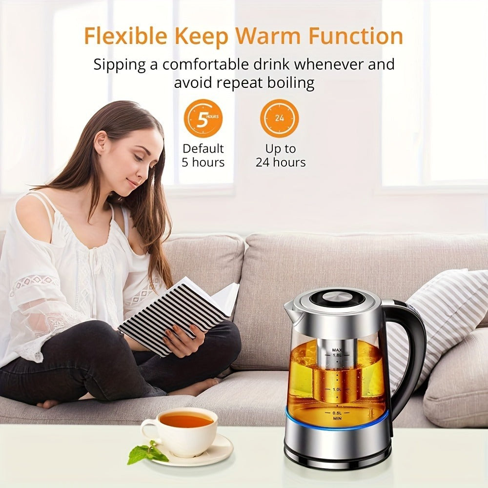 Electric Glass Kettle 1.8L 12 Temperature Controls 24-Hour Keep Warm BPA-Free Borosilicate Glass Stainless Steel Tea Infuser Filter for Coffee Tea Powdered Milk