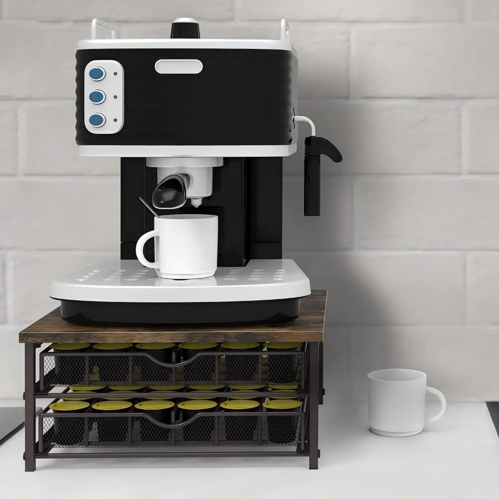 K-Cup Coffee Pod Holder 72 Capacity ¨C 2-Tier Sliding Drawer Coffee Pod Organizer with Wood Top & Metal Frame, Non-Slip Base, Stackable Countertop Storage for Home, Office & Cafe ¨C Silver