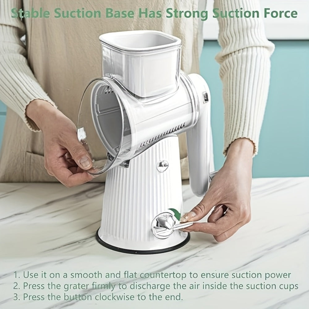 Rotary Cheese Grater with Interchangeable Blades ¨C 5-in-1 Manual Vegetable Slicer Shredder Set, Suction Cup Base, Easy to Clean, Multifunctional Kitchen Tool for Fruits, Vegetables & Nuts