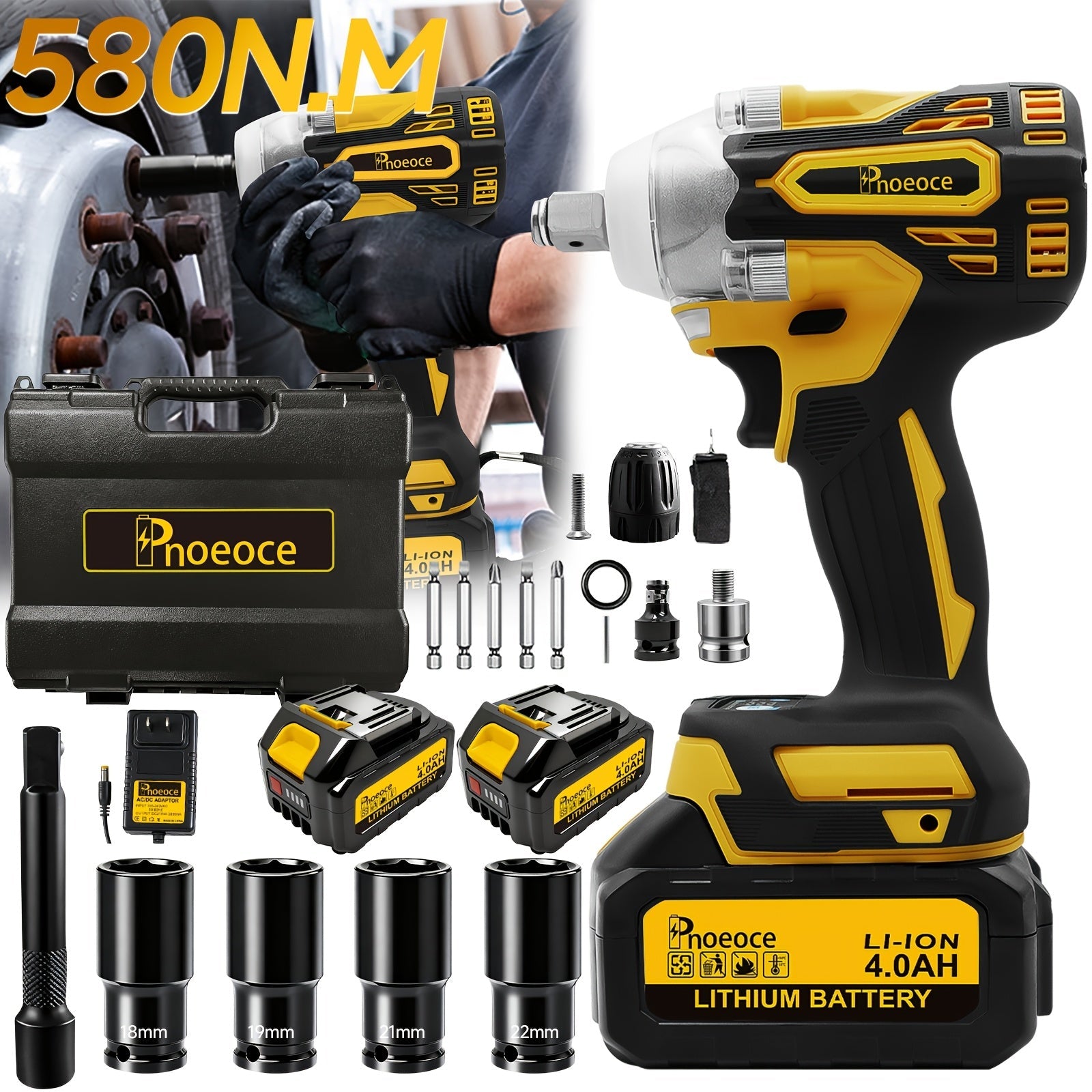 Cordless Brushless Impact Wrench Set 21V, 1/2'' High Torque Impact Gun with 4000mAh Rechargeable Battery, Fast Charger, Variable Speed Control, Complete Accessories for Car, Motorcycle & Home Repair