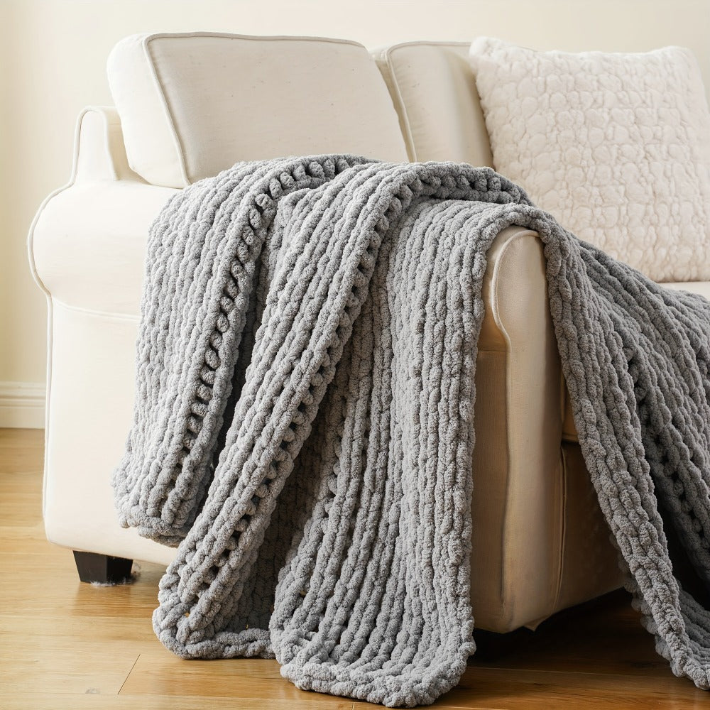 Chunky Chenille Cable Knit Throw Blanket ¨C 350-400gsm Soft Warm Crochet Throw for Sofa, Bed & Couch, Vintage Patchwork, 14 Colors