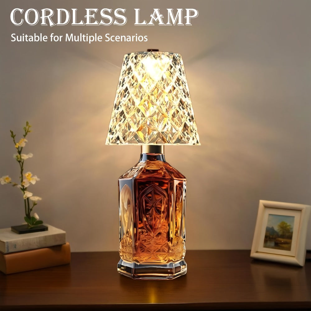 Wireless Wine Bottle Lamp ¨C USB Rechargeable Acrylic Crystal Shade, 3-Color Touch Control Smooth Dimming, 2000mAh Cordless Bottle Light for Bar Decor, Home, Kitchen, Party & Table Ambiance (1pc / 2pcs)