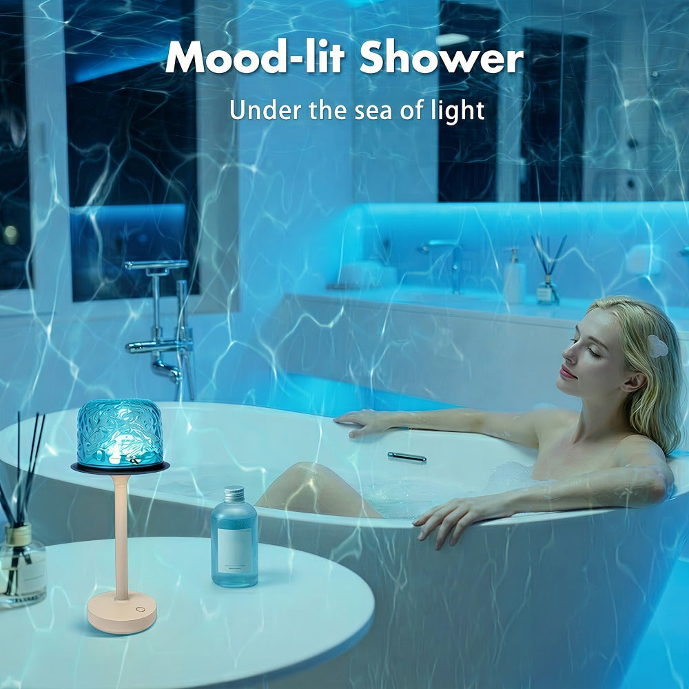 Ocean Wave LED Projector Lamp ¨C 16 Color Rechargeable Cordless Night Light with Remote, Water Ripple Atmosphere Lamp for Bathroom Bedroom, Portable Table Lamp, RGB & Wood Base Options