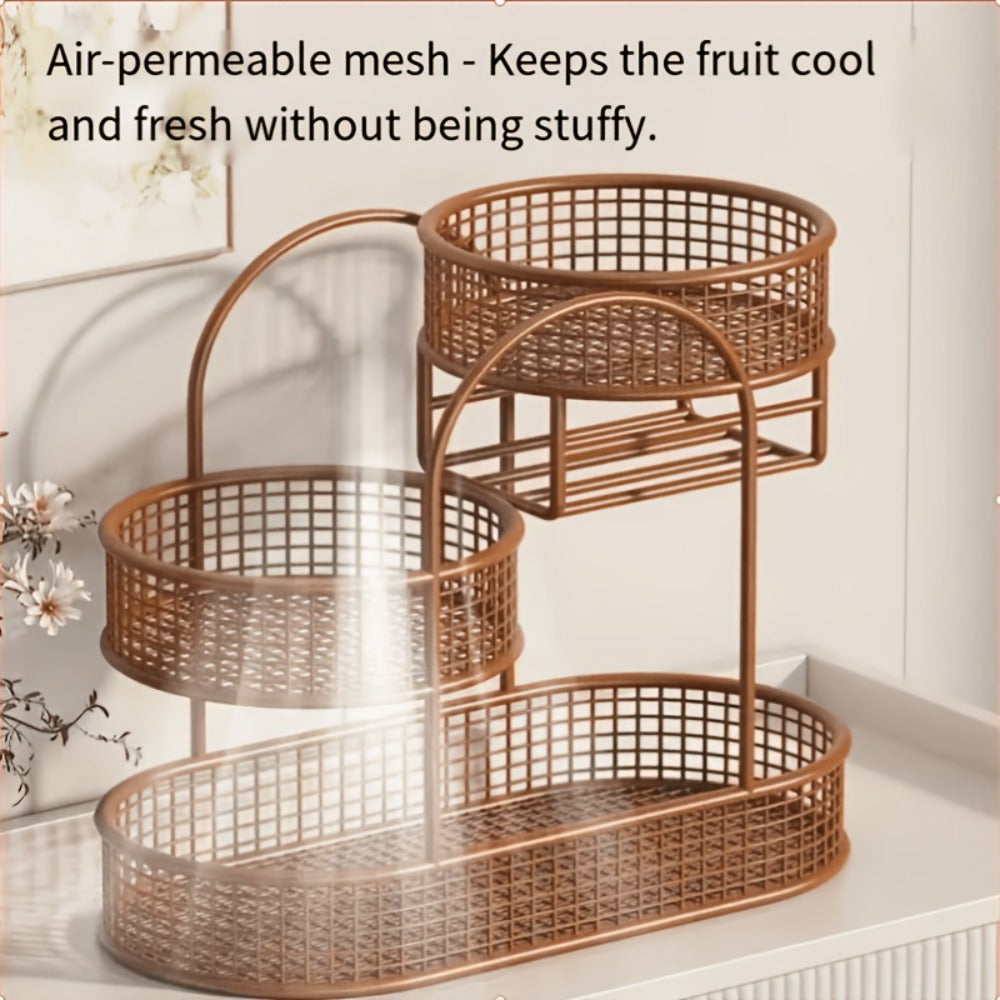 3-Tier Metal Fruit Basket Stand Extra Large Heavy Duty Countertop Fruit Bowl with Grid Design, Breathable Ventilated Multi-Level Storage Rack for Fruits Vegetables Bread Kitchen Organization