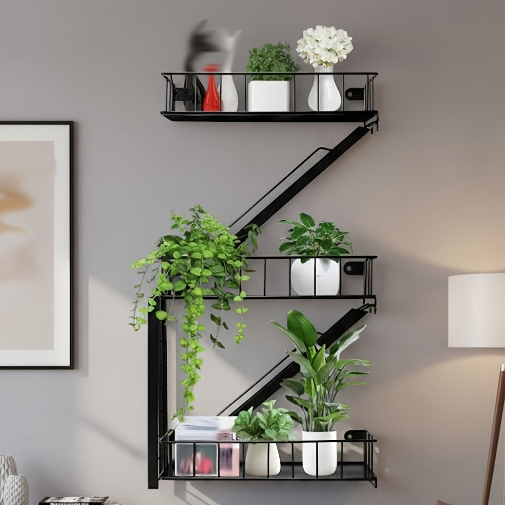 Wall Mounted Staircase Shelf with Hooks, Multi-Level Iron Storage Rack Floating Shelves for Bedroom Living Room Kitchen, Contemporary Metal Wall Organizer Home Decor Display