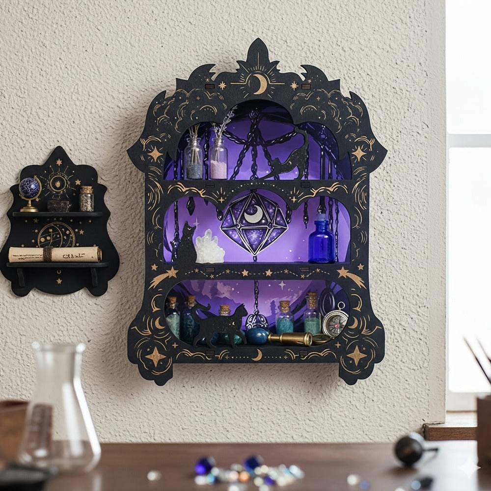 Wooden Floating Shelf for Crystals - Wall Mounted Crystal Display Shelf Rock Gem Stone Storage Organizer Essential Oil Holder Wicca Meditation Spiritual Home Decor Gift