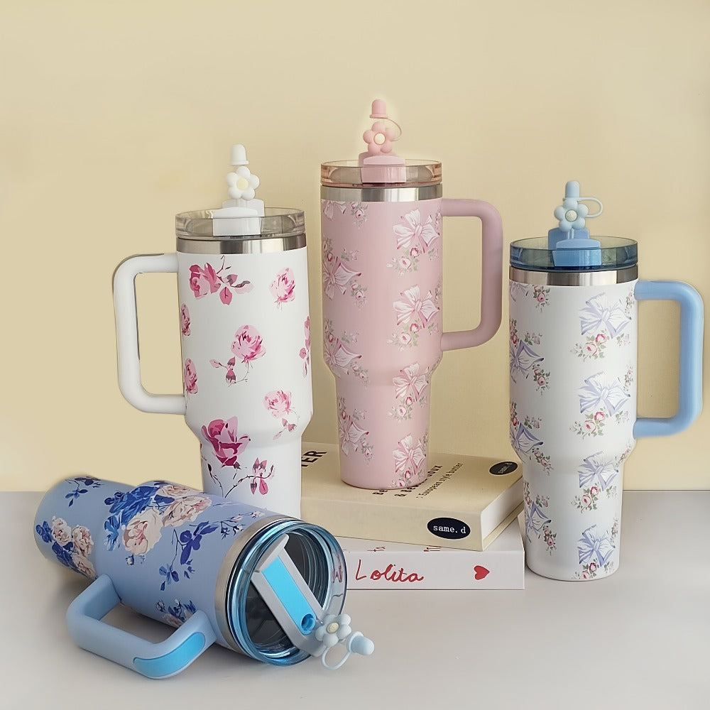40oz Insulated Tumbler with Handle ¨C Stainless Steel Travel Mug, Keeps Cold 20 Hours, Leak-Proof Lid, Portable Coffee Cup for Camping, Office & Outdoor Activities ¨C White, Pink, Blue
