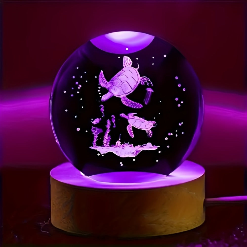 3D Sea Turtle Crystal Ball Night Light ¨C LED Color Glow Glass Orb Lamp with Bamboo Base, Ocean Animal Figurine Desk Light for Home Bedroom Decor, Unique Gift for Turtle Lovers, Elders & Friends (2.36in)