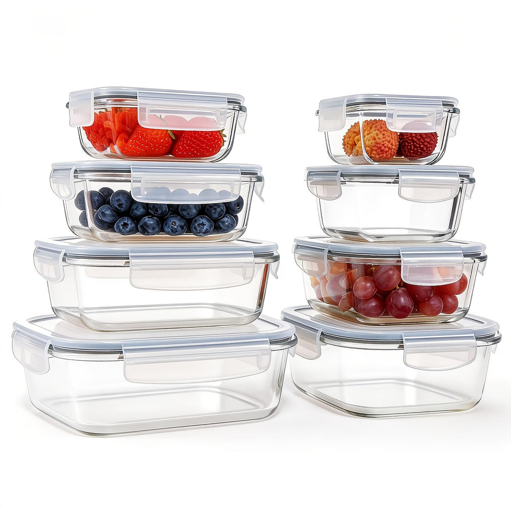 Glass Food Storage Containers 16-Piece Set 8 Glass Bowls with 8 Sealed Lids BPA Free Dishwasher Microwave Refrigerator Safe Meal Prep Containers Bento Boxes in Blue Grey Green Assorted