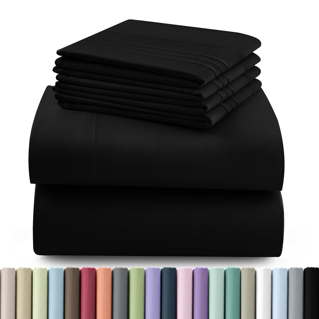 Fitted Sheet Set 6-Piece Brushed Polyester Deep Pocket Bed Sheets 20 Colors Hotel Luxury Soft Bedding with Embroidered Pillowcases