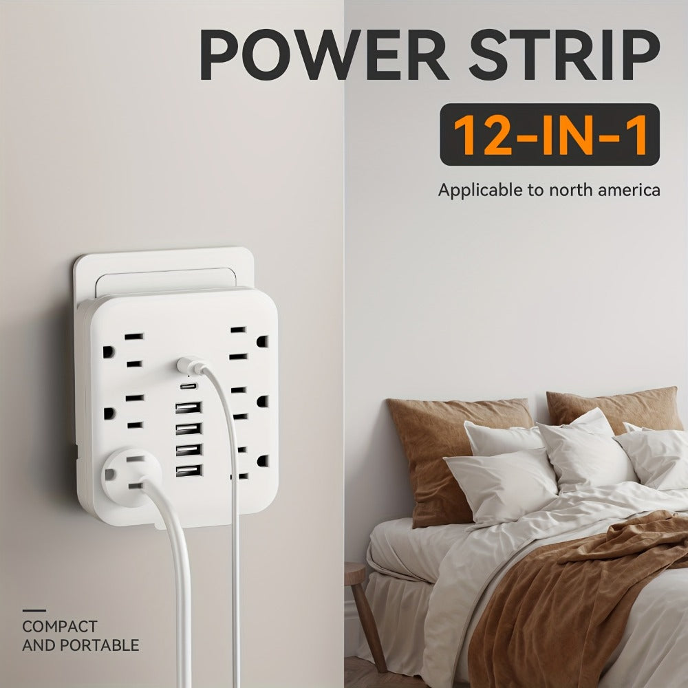 Wall Power Strip 12-in-1 with 6 AC Outlets & 6 USB Ports (2 USB-C) ¨C Compact Space-Saving Plug, 110-130V US Plug for Home & Office ¨C White & Black