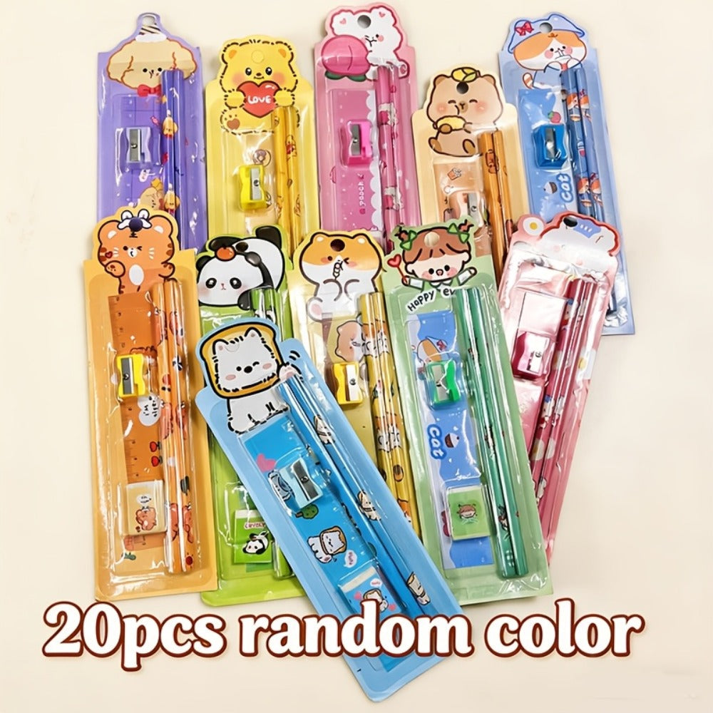 20-Piece Cartoon Pencil Stationery Set with Ruler Eraser Sharpener, Random Cartoon Styles, Kids School Supplies, Party Favor Prizes, Festival Gift Set for Students
